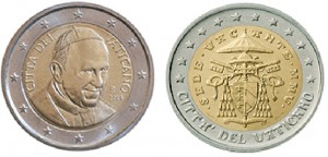Papež František si nepřeje, aby vatikánské euromince nadále zdobil jeho obličej. Nahradí jej papežský znak, jako to bylo v době, kdy papežský úřad nebyl obsazen. Reprofoto: www.ecb.europa.eu